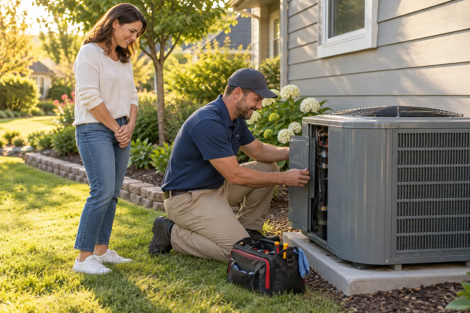 A provider checking an air conditioner for a homeowner in the Thornton area