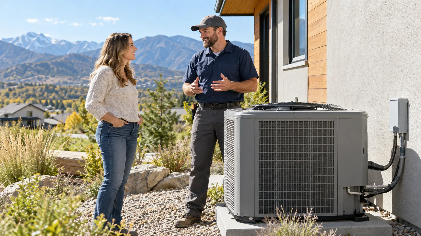 A homeowner in Thornton talking with a friendly HVAC provider beside an outdoor air conditioner